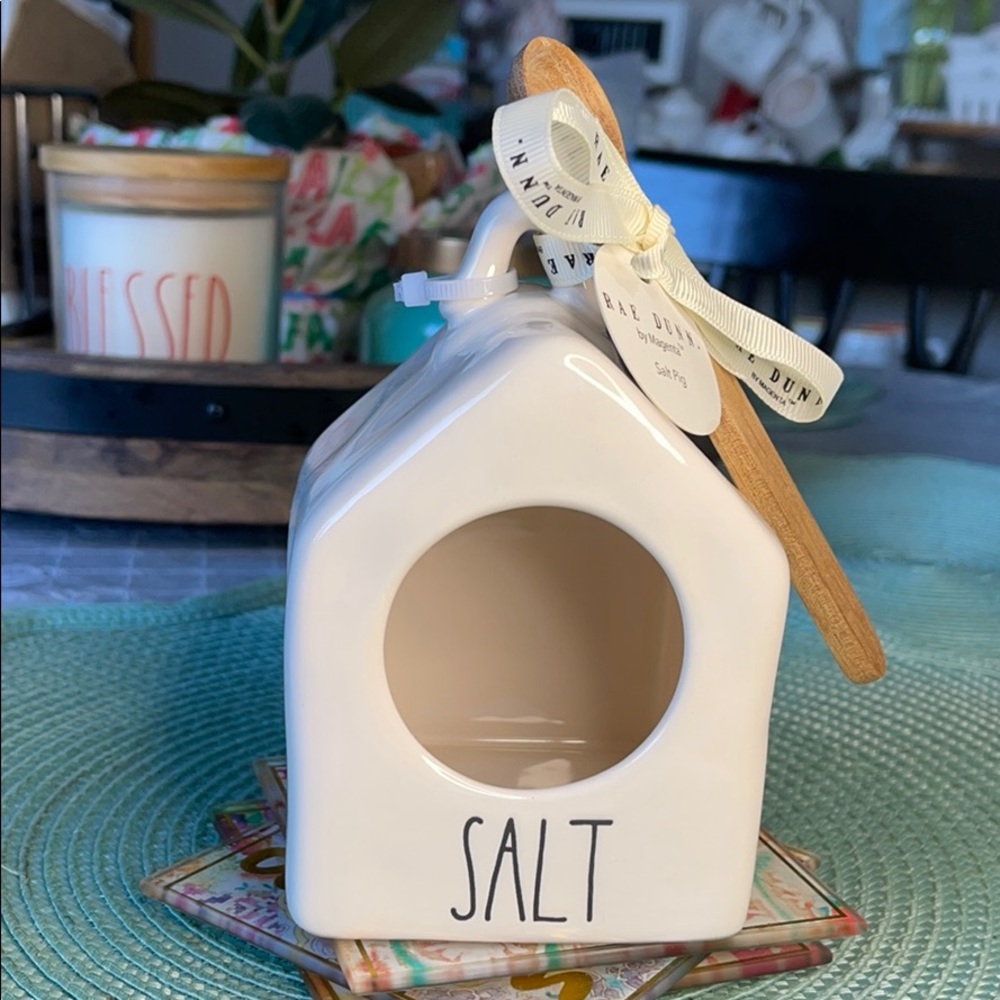 Rae Dunn Salt Container with wooden spoon